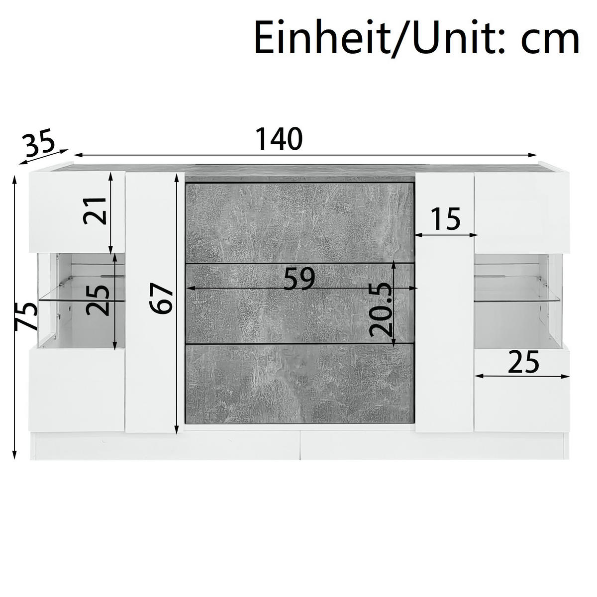 SIDEBOARD 140/35/75 cm mit 2 Türen und 3 Schubladen, grauer Marmorlook, weiße Hochglanz-Fronten und 16-Farben LED, grau/weiß - Weiß, Holzwerkstoff (140/75/35cm) - Redom