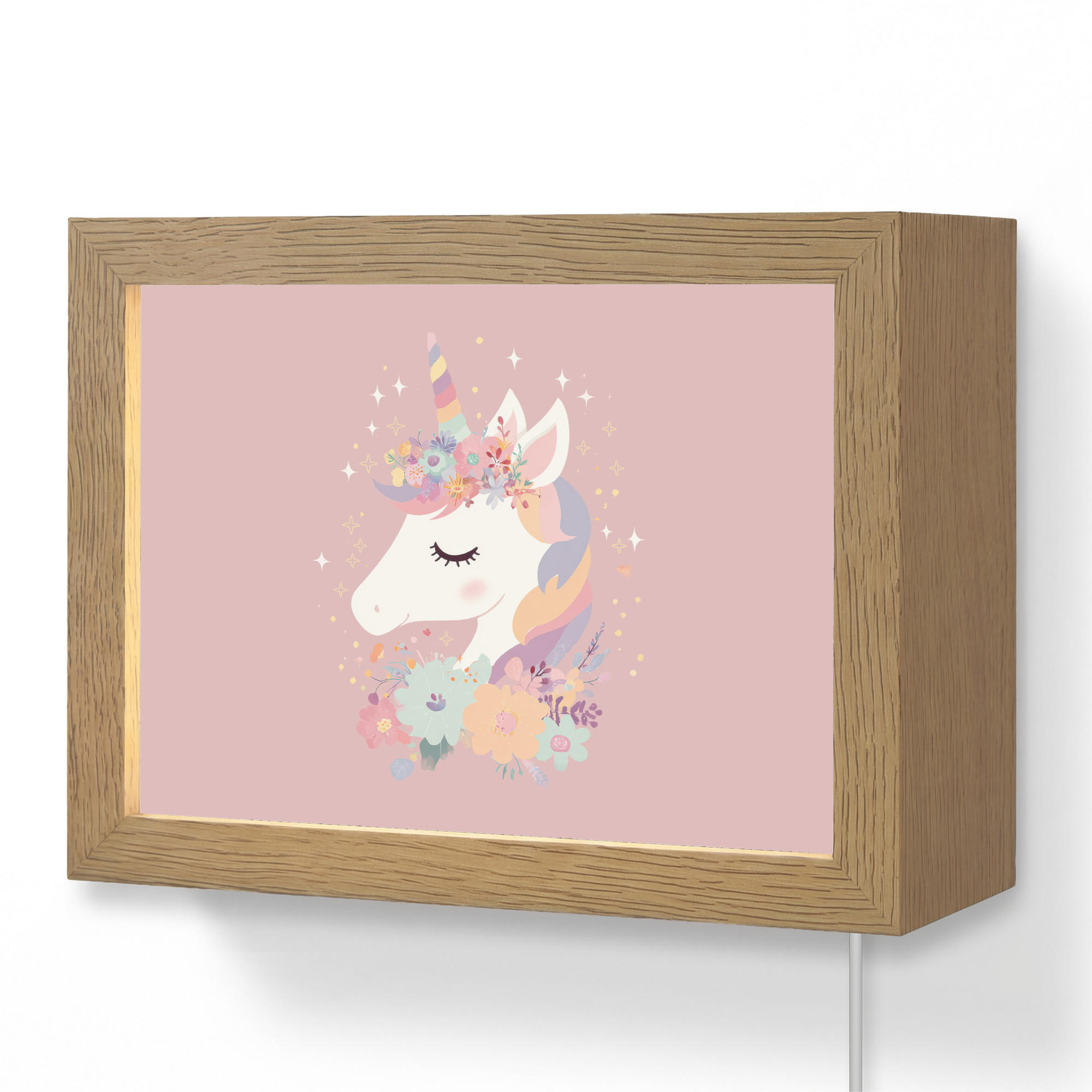 OnlyWow NÁSTĚNNÁ LAMPA Jednorožec - růžová - květiny 20x15 cm