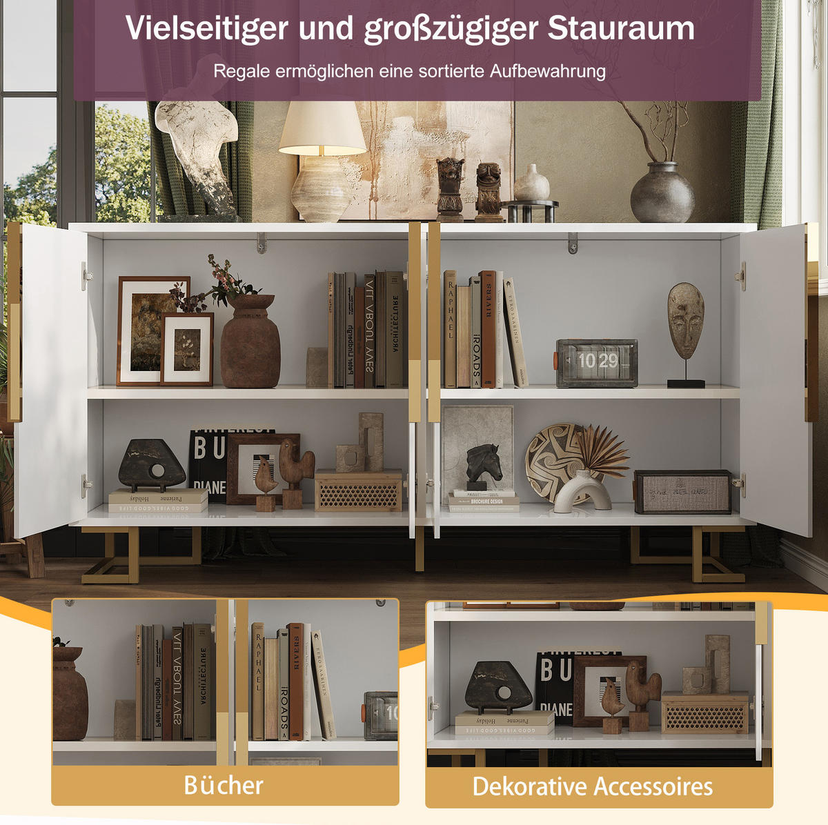 SIDEBOARD 152/40/75 cm mit 2 Türen, 4 Fächern und Kippschutz, MDF, Weiß - Weiß, Holzwerkstoff (152/75/40cm) - Redom