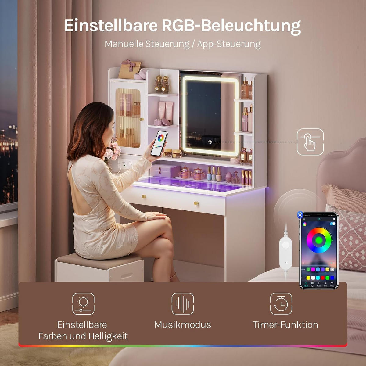 SCHMINKTISCH mit RGB- und LED-Beleuchtung Weiß - Weiß, Glas/Holzwerkstoff (104/136/40cm) - Woltu