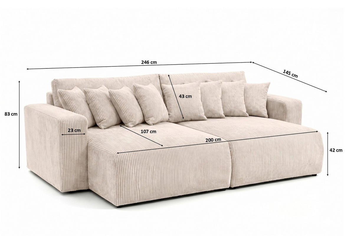 SCHLAFSOFA, Cordstoff Poso, Beige, PIANO DOUBLE - Creme, Holz (246/83/145cm) - Kaiser Möbel