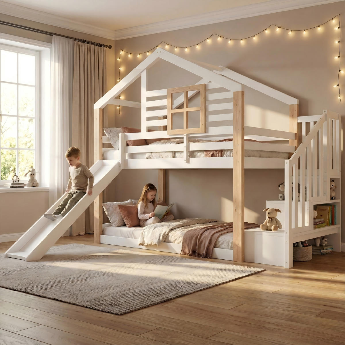 HOCHBETT, Etagenbett 90x200cm mit Rutsche und Treppe, Kinderbett mit Stauraum, Weiß - Weiß, Holz - LVHOM