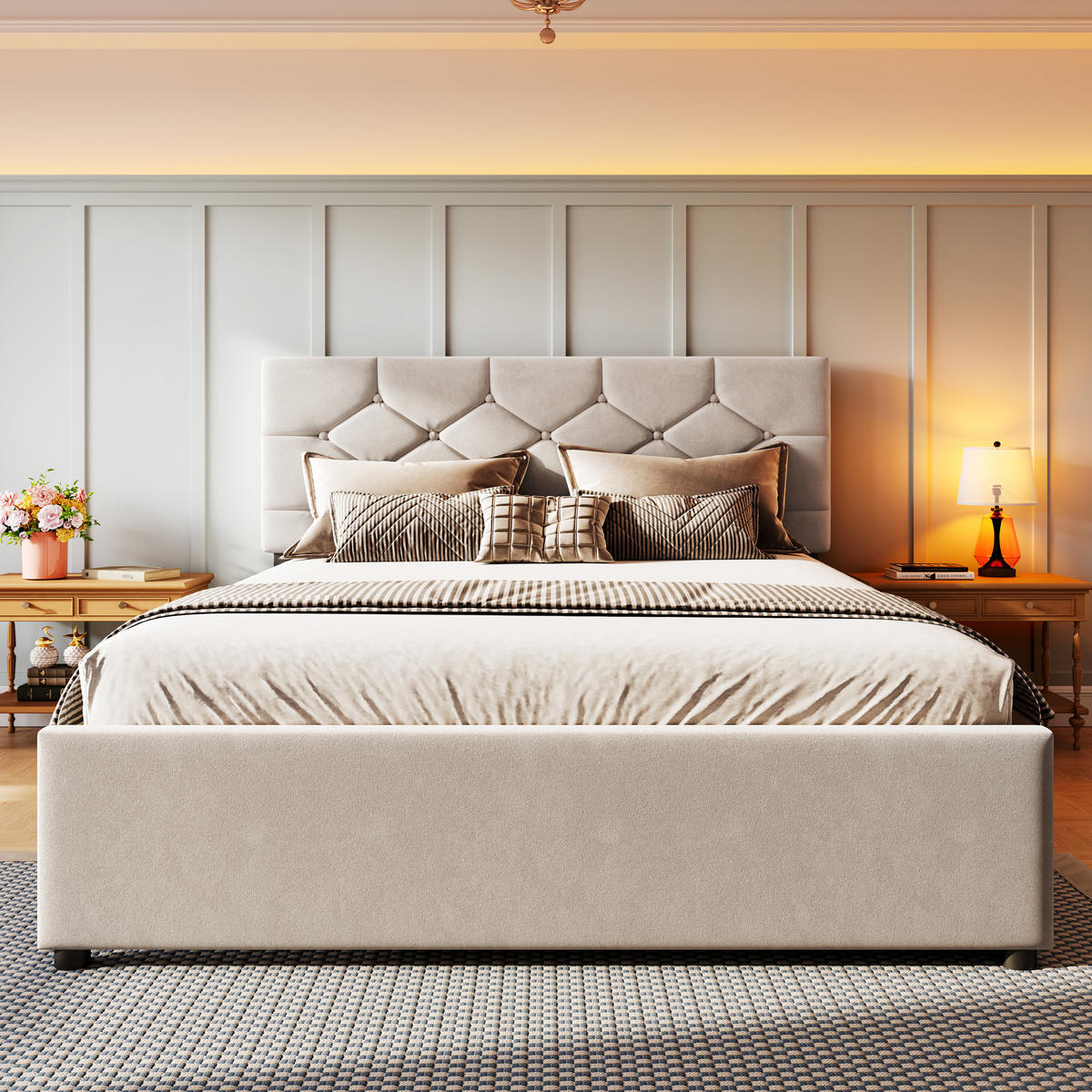 POLSTERBETT 140×200 cm aus Samt-Stoff mit Rollbett und Lattenrost, beige - Beige, Textil (140/200cm) - Luhomfu