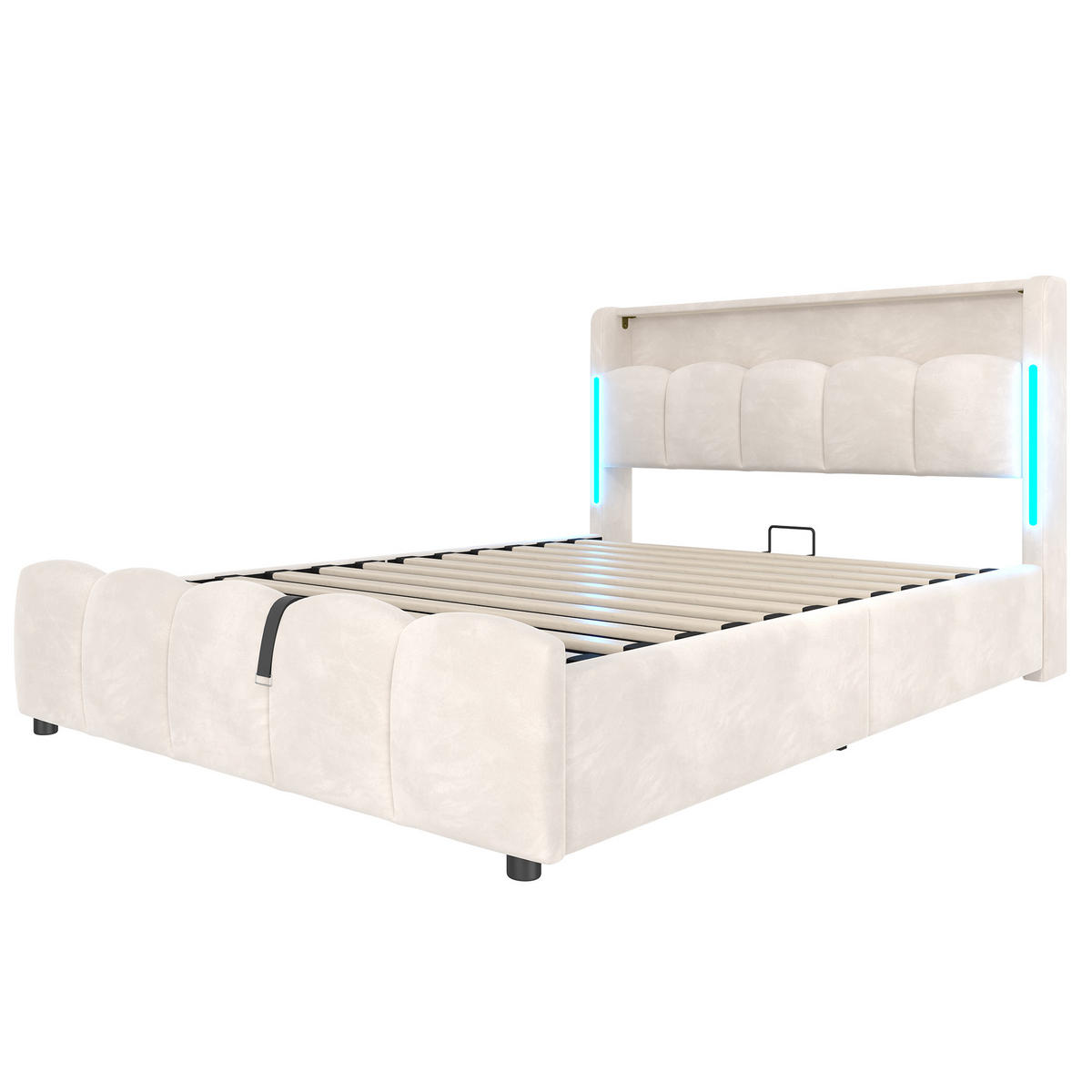ČALOUNĚNÁ POSTEL 140x200 cm, béžový samet s úložným prostorem, LED a USB - béžová, textil (140/200cm) - Urban Meuble