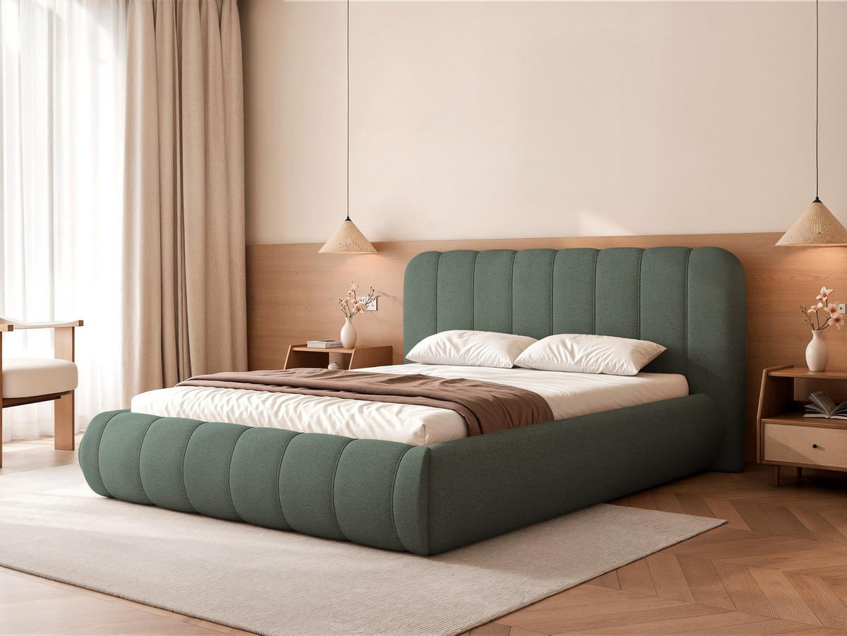 POLSTERBETT Gallo 160x200 cm Myrtengrün Schlingengewebe – (Doppelbett mit Bettkasten, Lattenrost, voluminöses Kopfteil) - Dunkelgrün, Holz/Holzwerkstoff (160/200cm) - Ravio
