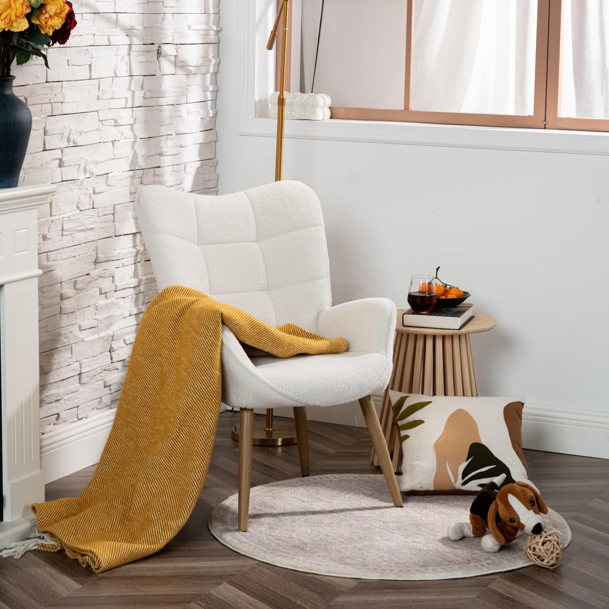 SESSEL, skandinavisch, gepolstert, Bouclé-Bezug in Beige, Metallbeine in Holzoptik - Grau, Textil/Metall (42/73/50cm) - Meubles Cosy