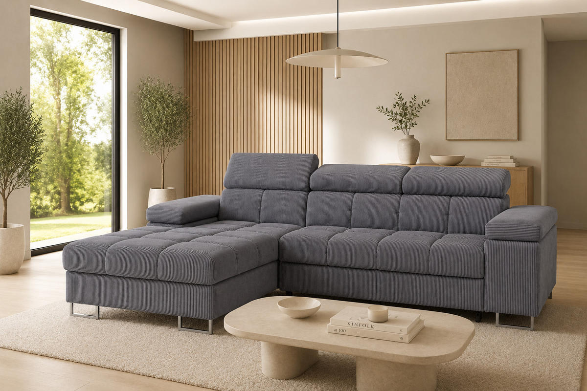 ECKSOFA COMODO Links mit Schlaffunktion & Bettkasten Grau - Dunkelgrau, Textil (203/271cm) - KS Home Concept