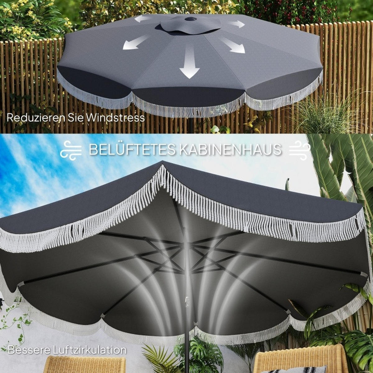 SONNENSCHIRM achteckig 269 cm in Dunkelgrau mit Kurbel und Neigefunktion - Dunkelgrau, Metall (269/269cm) - BEAOK