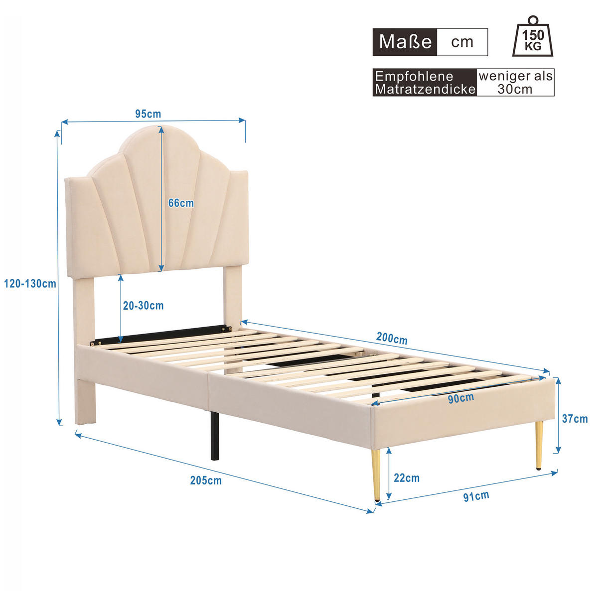 POLSTERBETT 90/200 cm mit höhenverstellbarem Kopfteil, Samtbezug & Lattenrost, Beige - Beige, Textil (90/200cm) - Redom