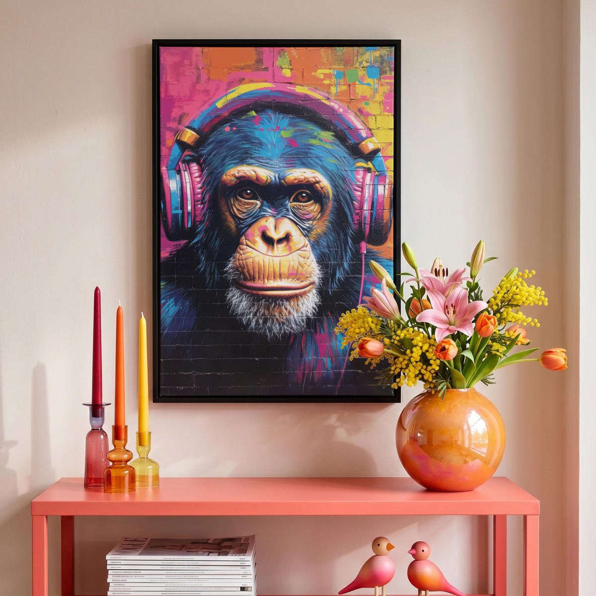 LEINWAND Bilder mit Rahmen - Graffiti - Schimpanse - Straßenkunst - Kopfhörer - Affe - 40x60 - Blau, Textil (40/60cm) - MuchoWow