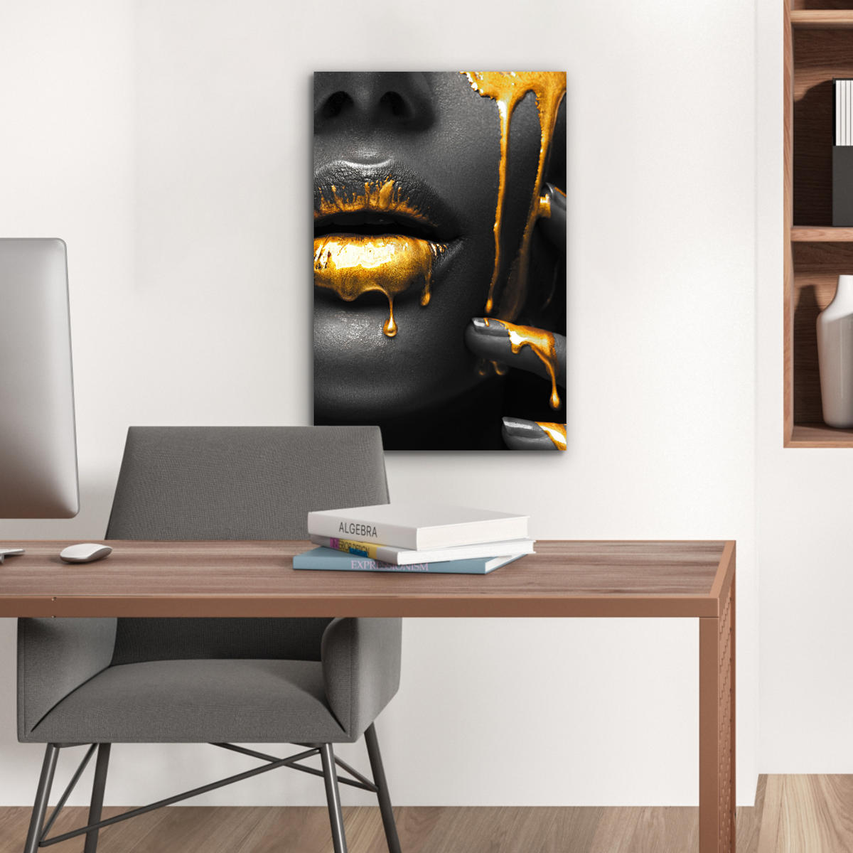 METALLBILD Frau - Schwarz - Gold - Gesicht - Lippen 40x60 cm - Goldfarben, Metall (40/60cm) - MuchoWow