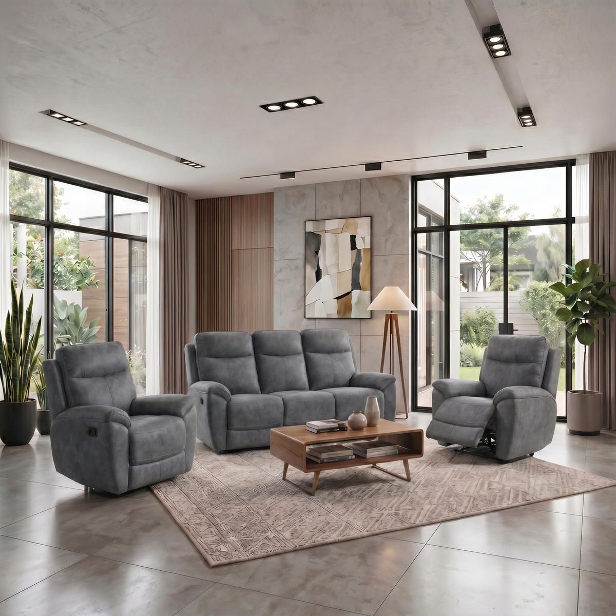 SITZGARNITUR Dolce, Sofa+zwei Sesseln mit Relaxfunktion, Dunkelgrau, Velours - Dunkelgrau, Textil (215/106/100cm) - Beautysofa