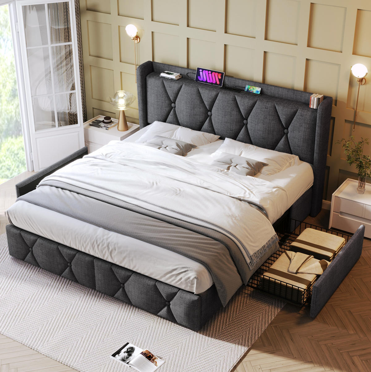 POLSTERBETT aus Leinen 140x200 cm Grau mit 4 Schubladen, Steckdosen, USB-Anschlüssen und Matratze - Grau, Textil (140/200cm) - IVMEU