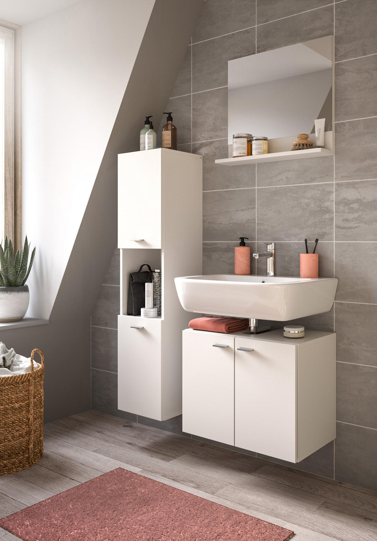 BADMÖBEL-SET weiß 3-teilig 100 cm, Kombination hängend oder stehend - Weiß, Glas/Holzwerkstoff (102/186/33cm) - Inn.Furn