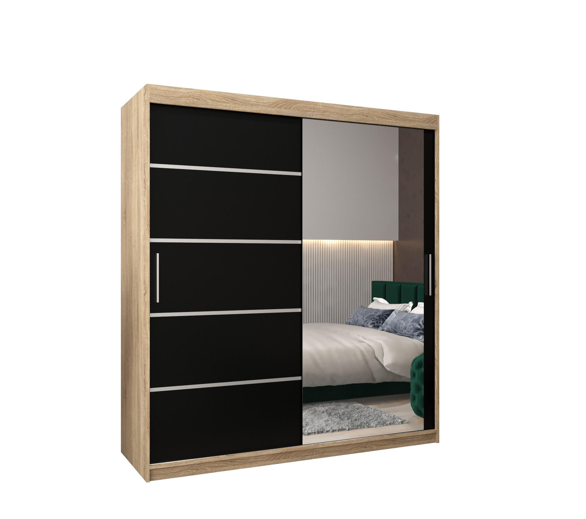 Möbel Kryspol Schwebetürenschrank Sonoma Eiche, Schwarz, Silber 180x200x62 cm