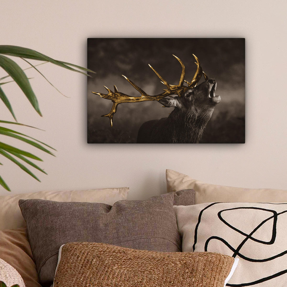 LEINWANDBILD Rotwild - Schwarz - Gold Deko Schlafzimmer 30x20 cm - Braun, Textil (30/20cm) - MuchoWow