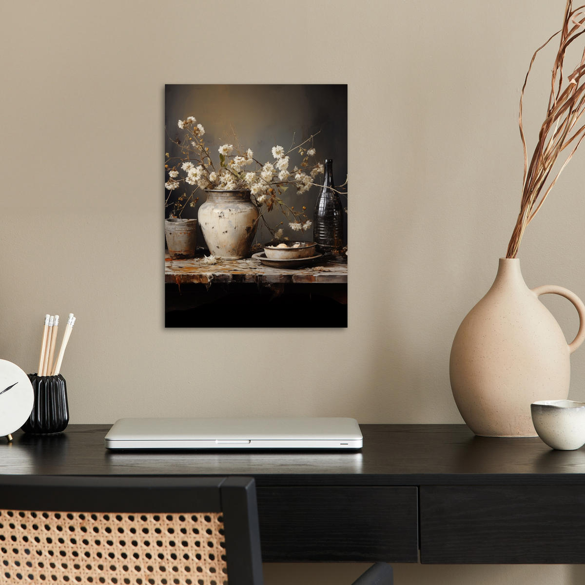 POSTER Stilleben - Blumen - Blumenstrauß - Vase - Wein 30x40 cm - Schwarz, Papier (30/40/0.1cm) - MuchoWow