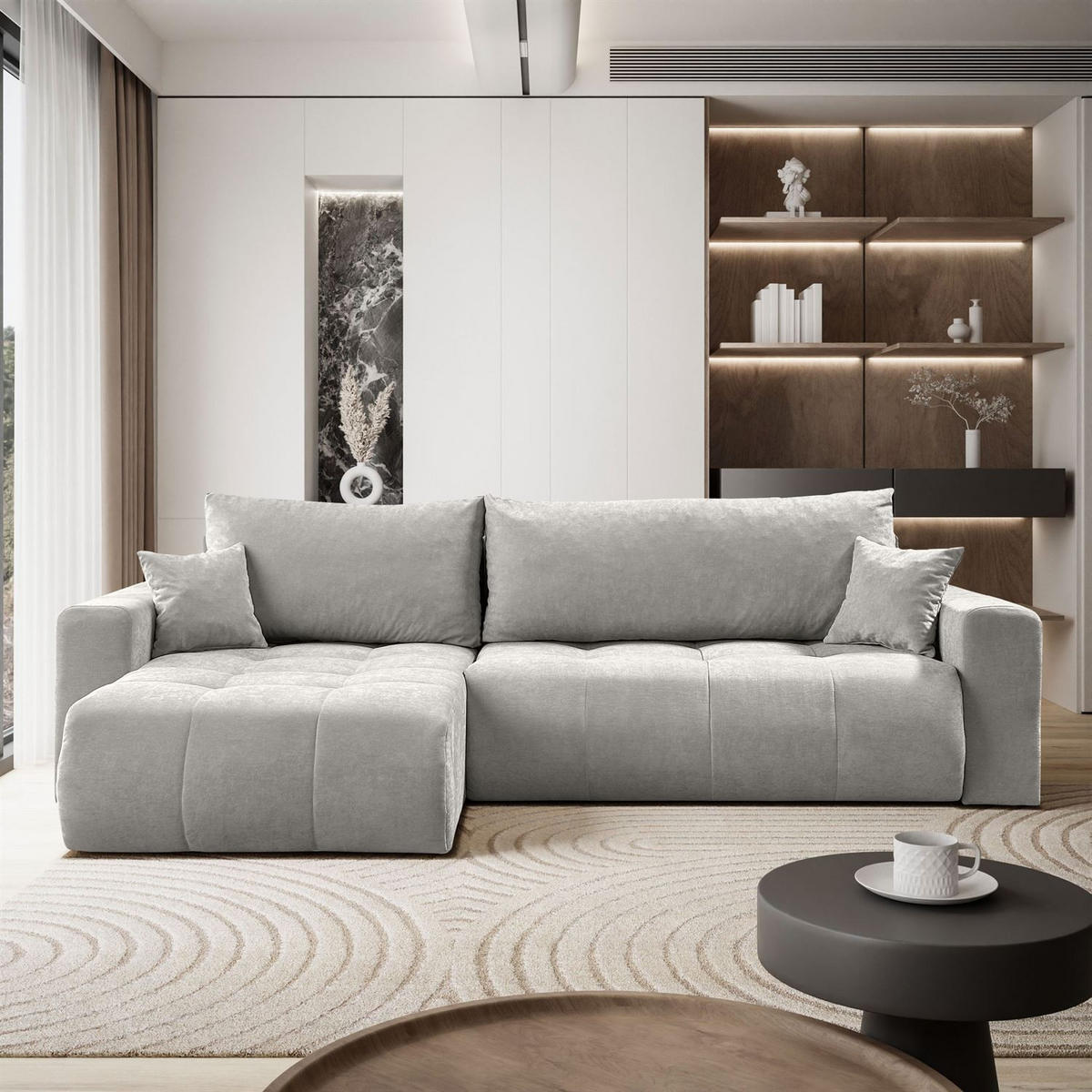 ECKSOFA Gepolstertes CLOUD mit Schlaffunktion und Bettkasten, Wind 84 - Grau, Textil (277/143cm) - Lookway