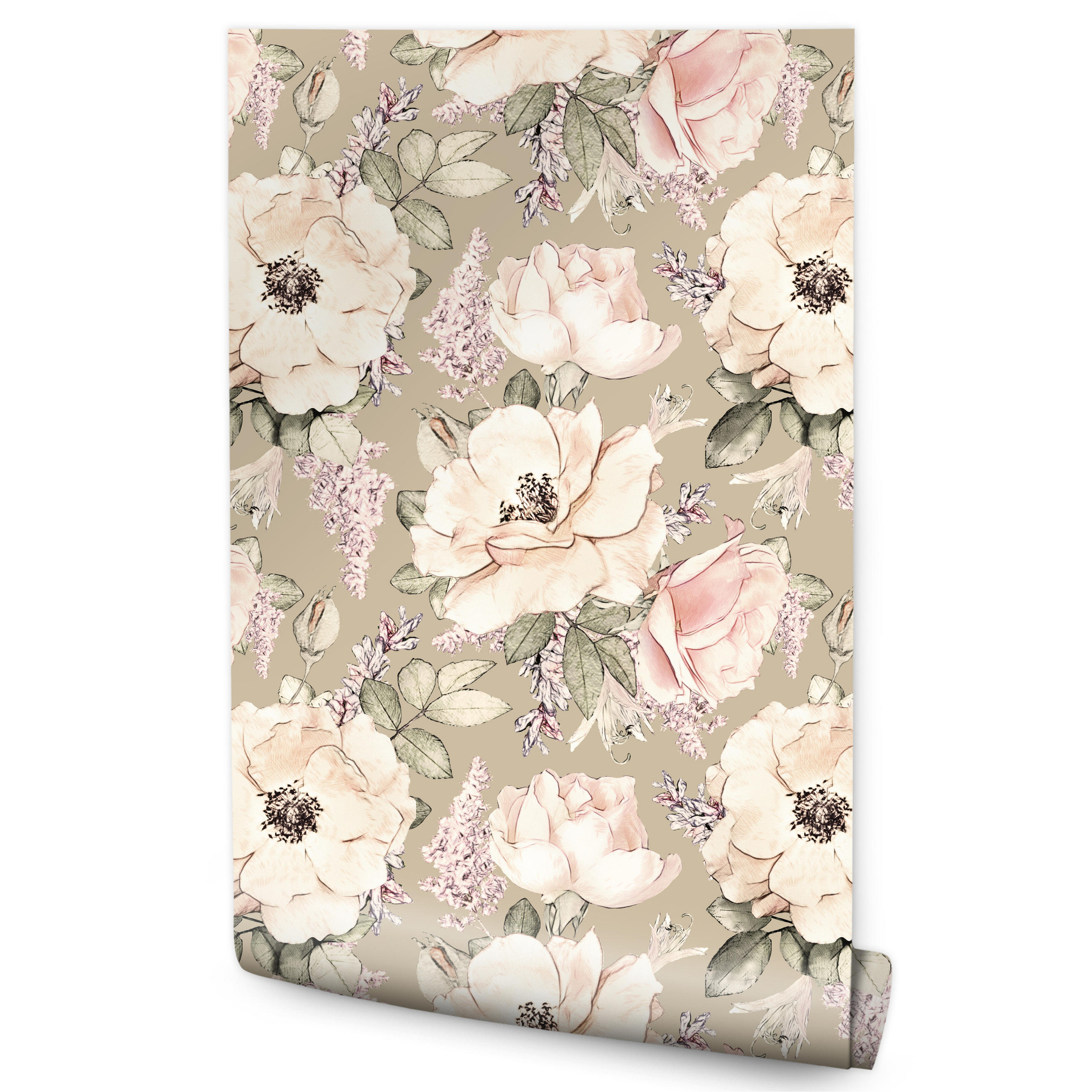 VLIESTAPETE Vintage-Rosen und Pfingstrosen – Rosa, Beige, Grün – 50x1000 cm - Beige/Rosa, Papier (50/1000cm) - Muralo