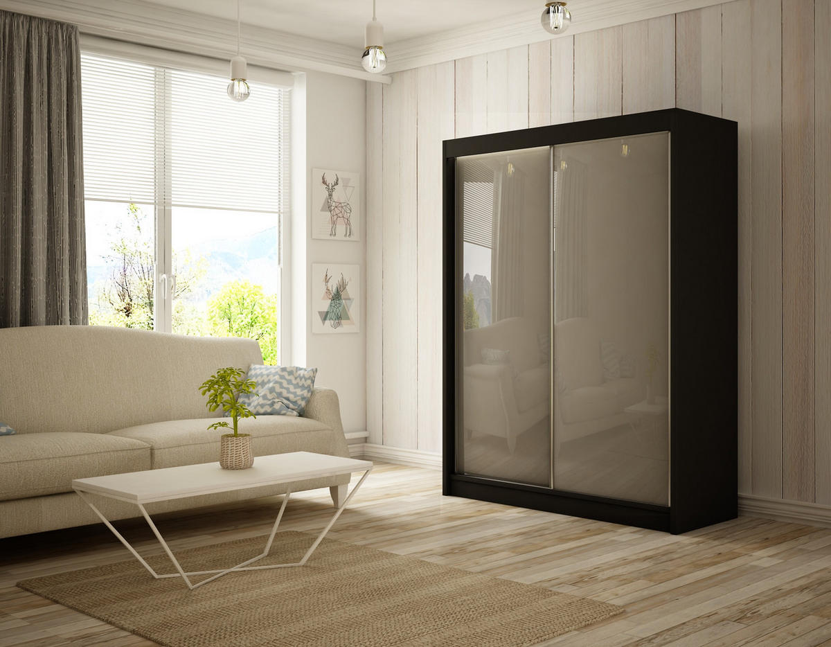 SCHIEBETÜRENSCHRANK TIPI II - Schwarz/Grau, Holzwerkstoff (200/215/61cm) - Meblini