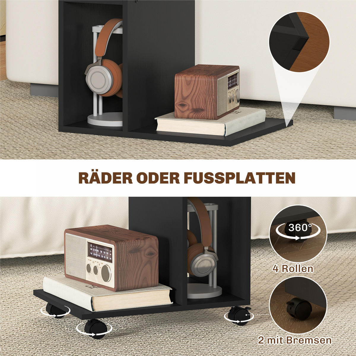 BEISTELLTISCH C-Form Nachttisch mit 4 Regalen, Rollen, Couchtisch, Wohnzimmertisch Laptoptisch für Wohnzimmer Schlafzimmer 40 x 30 x 69 cm Schwarz - Schwarz, Holzwerkstoff (30/40/69cm)