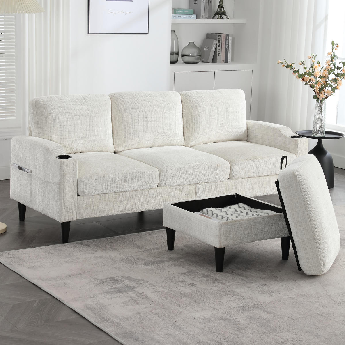 SITZGARNITUR 4-Sitzer Chenille Beige mit Hocker, Stauraum, Getränkehaltern und Seitentaschen - Beige, Holzwerkstoff/Kunststoff (196.5/77/75cm) - WISHDOR