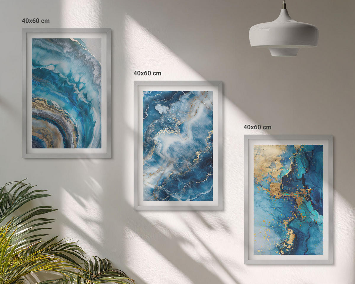 BILDER SET 3er Set - 40x60 cm Silberner Rahmen - Blaue abstrakte Muster - Silberfarben, Kunststoff (40/60cm) - TULUP