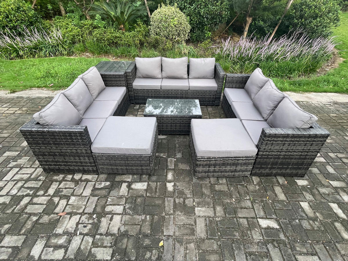 GARTENSET mit Beistelltisch Polyrattan 11-Sitzer - Dunkelgrau, Metall - Fimous