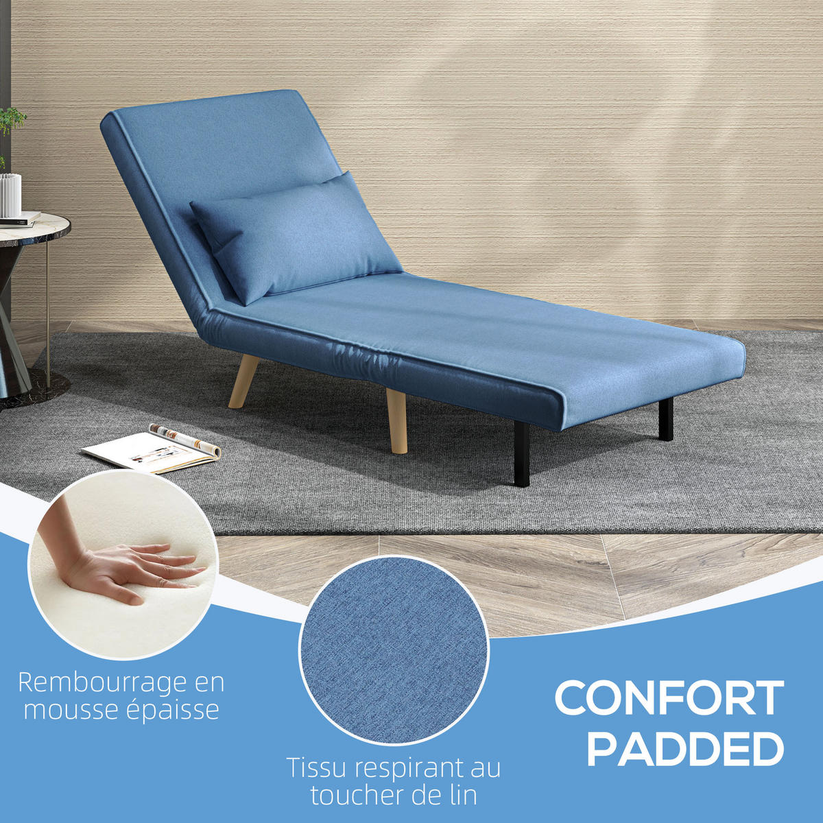 SCHLAFSESSEL 3-in-1 DE-14575 mit 5-fach verstellbarer Rückenlehne Blau - Blau, Textil (72/85/75cm) - ComfortXL