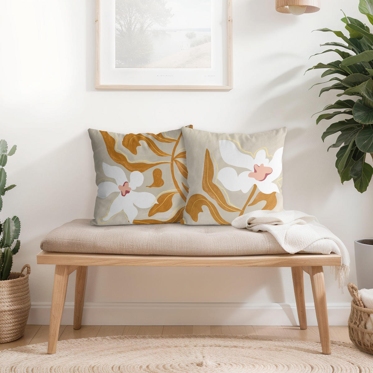 DEKOKISSEN 2er-Set Weiße Blüten mit gelben Blättern Duo 50/50 cm - Eichefarben, Textil (50/50cm) - Bilderwelten
