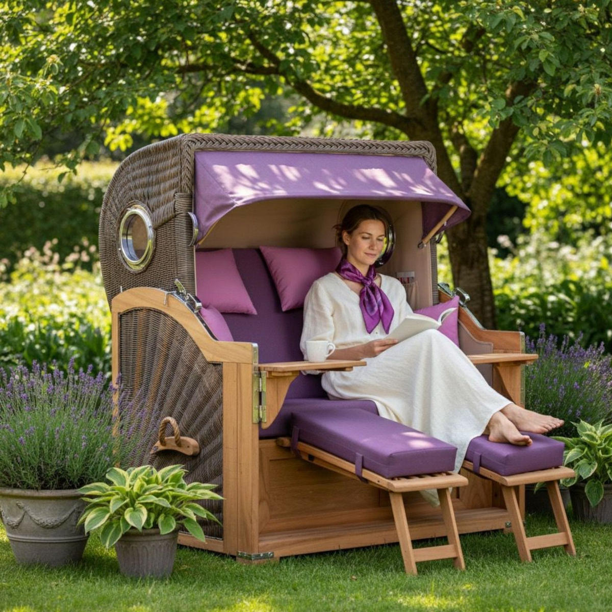 STRANDKORB Baltikum Teak 2,5 Sitzer - Violett/Lila, Holz/Metall (142/170/95cm) - Mr. Deko