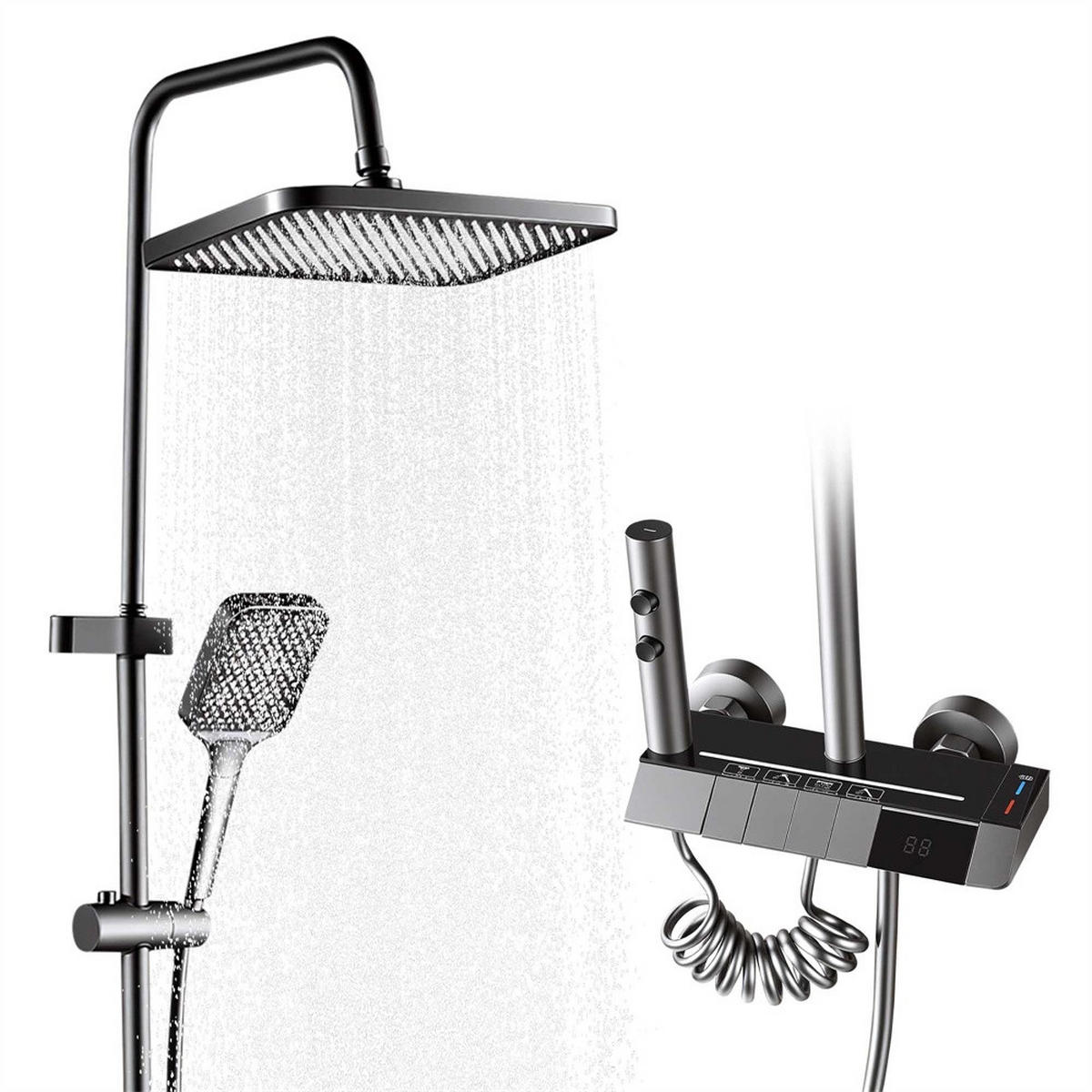 DUSCHSYSTEM mit Digitalanzeige und LED-Beleuchtung - Höhenverstellbare Duschstange mit Handbrause - Grau - Grau, Metall (35/120/30cm) - DELFA