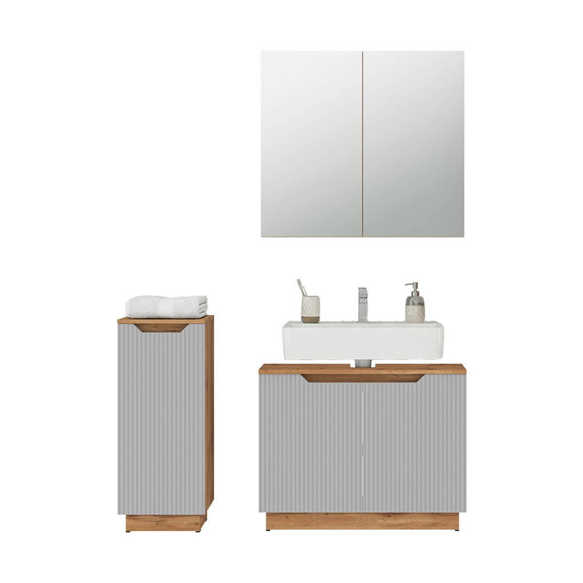 BADMÖBEL-SET Lotta Eiche/grau gestreift 3 Teile - Grau, Holzwerkstoff (79.6/62.1/32cm) - Vicco