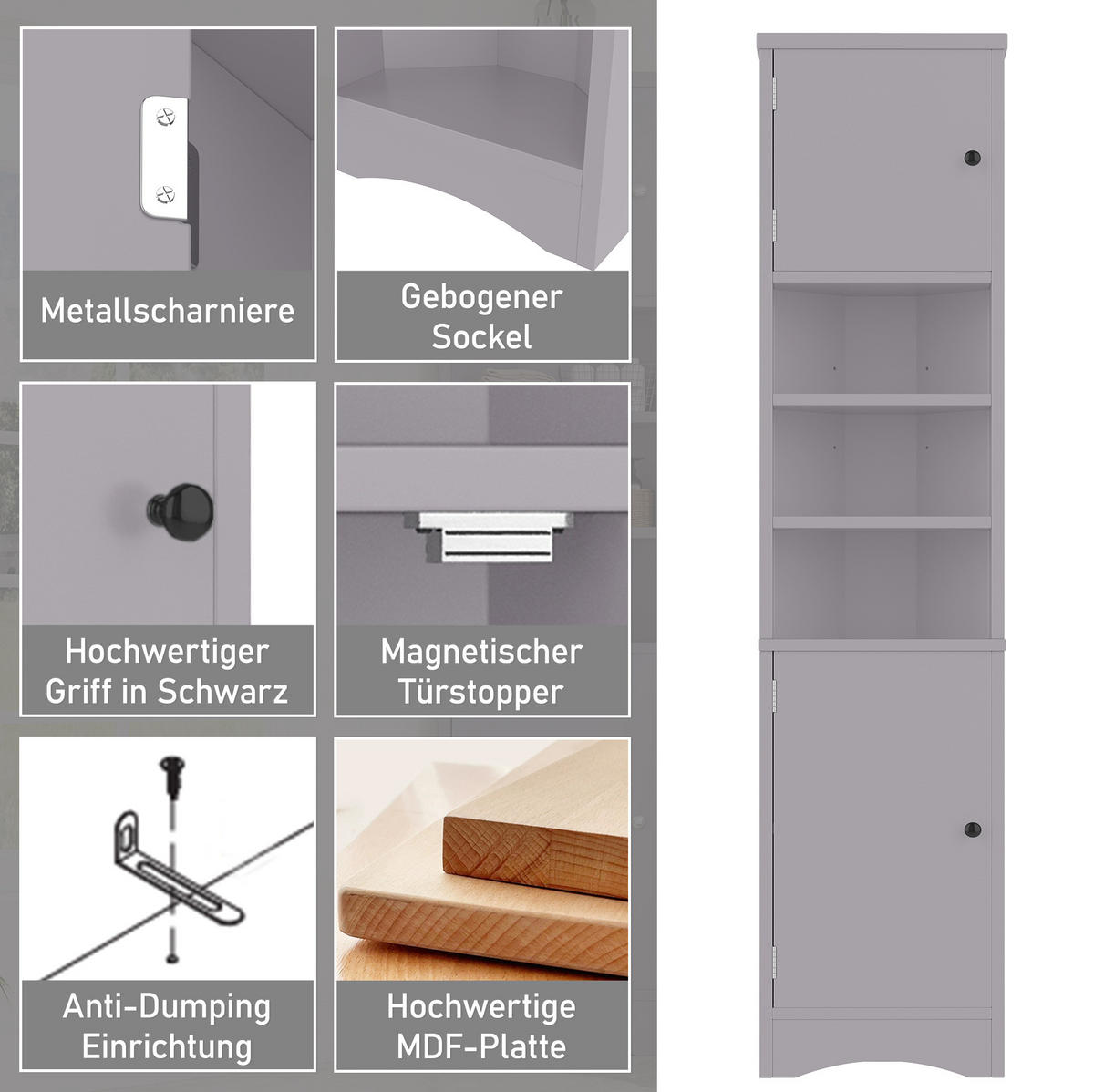 ECKSCHRANK 36.5x24.5x170cm in Grau, mit 2 Türen & verstellbaren Regalen - Grau, Holzwerkstoff (24.5/170/36.5cm) - Modfu