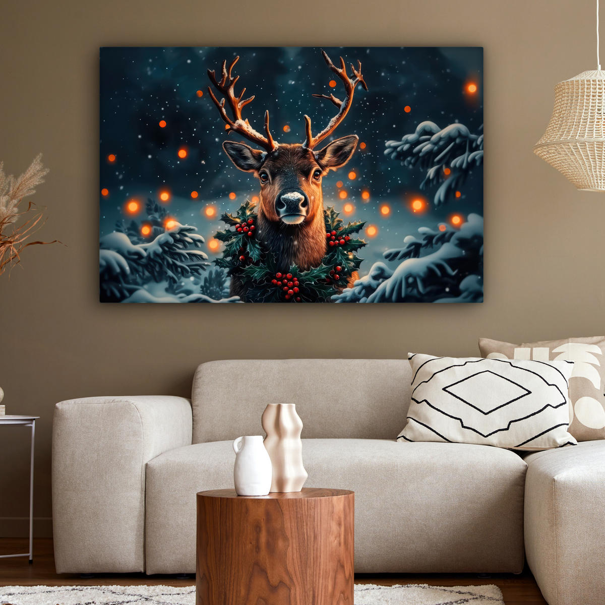 LEINWANDBILD Hirsch - Weihnachten - Winter - Schnee - Weihnachtskranz XXL 150x100 cm - Dunkelbraun, Textil (150/100cm) - MuchoWow