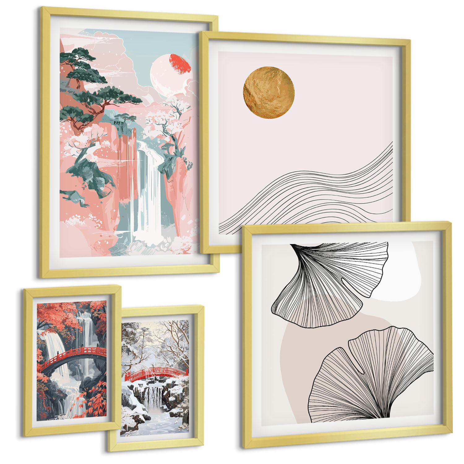 BILDER SET 5er Set - 50x50 cm & 20x30 cm & 40x60 cm Goldrahmen - Wasserfälle, Brücken, Bäume, Jahreszeiten - Goldfarben, Kunststoff (40/60cm) - TULUP