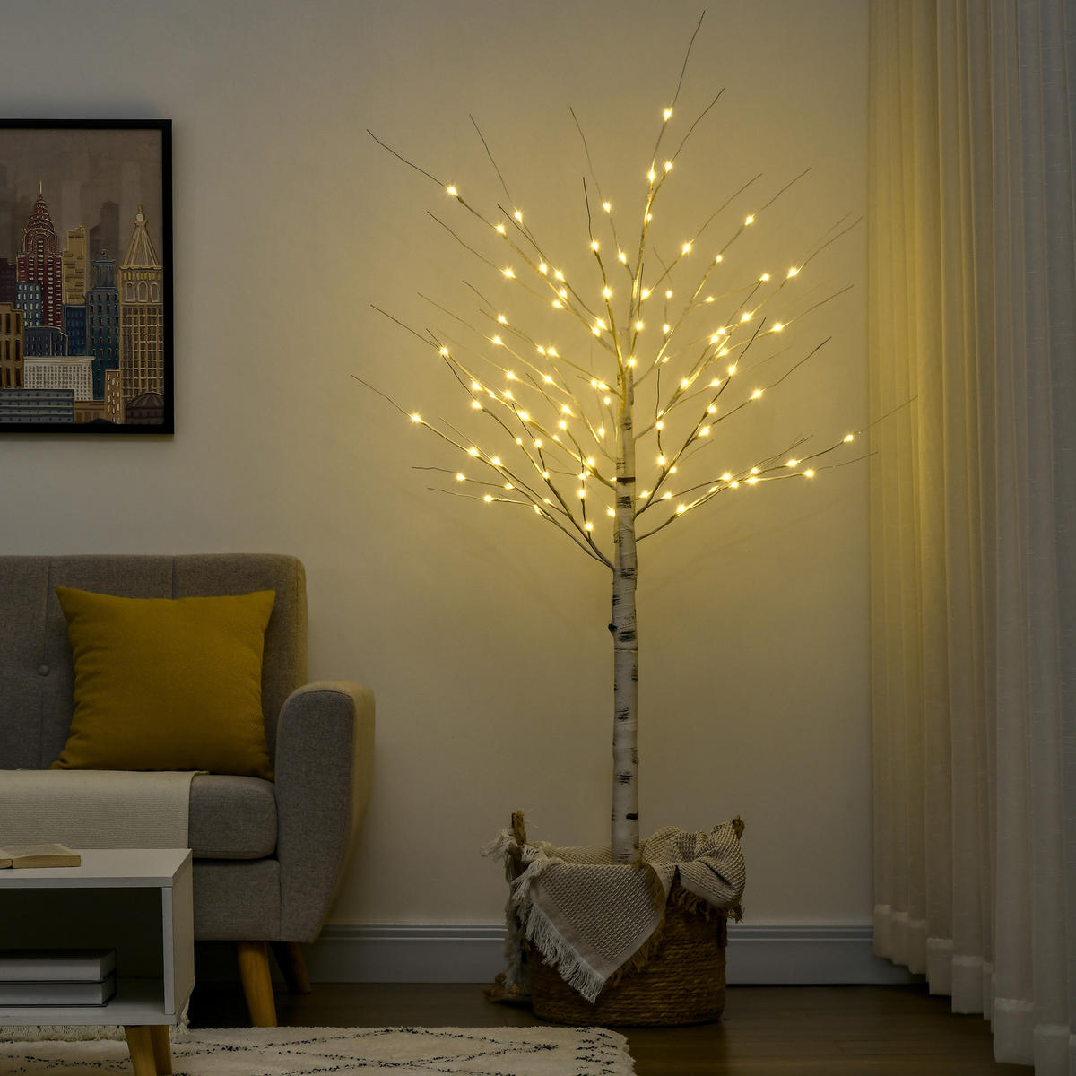 180 cm Kunstbirke Kunstbaum mit LED-Beleuchtung für Weihnachten Ostern Warmweiß - Weiß, Kunststoff (22/22/180cm) - HOMCOM
