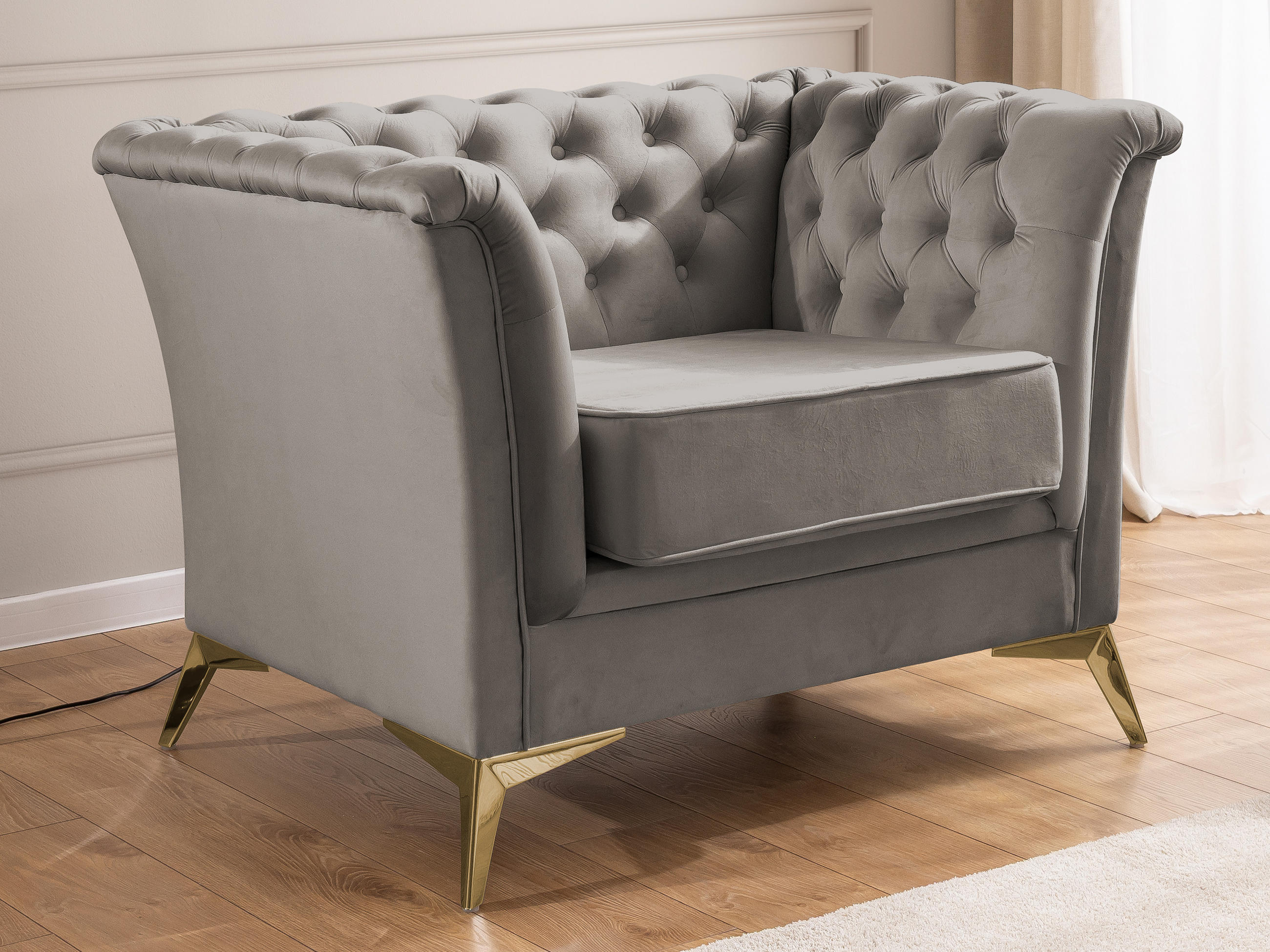 CHESTERFIELD-SESSEL Whitby Grau Samt mit goldenen Füßen - Goldfarben/Grau, Holz/Textil (116/78/82cm) - S-Style Möbel