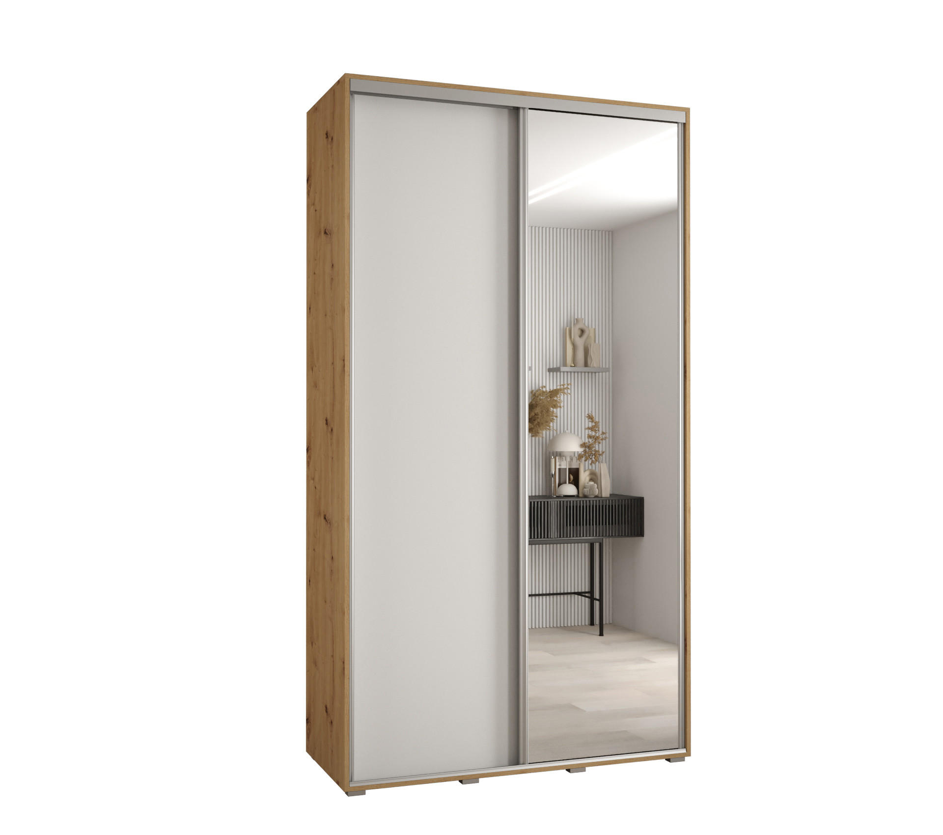 Abiks Möbel Schwebetürenschrank Eiche Artisan, Weiß, Silber 130x235x60 cm