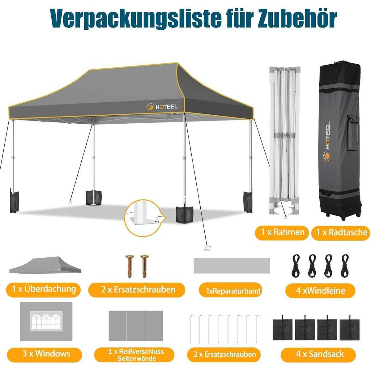 FALTPAVILLON 3 x 4,5 m Grau Wasserdicht Stabil - Grau, Textil (300/342/450cm)