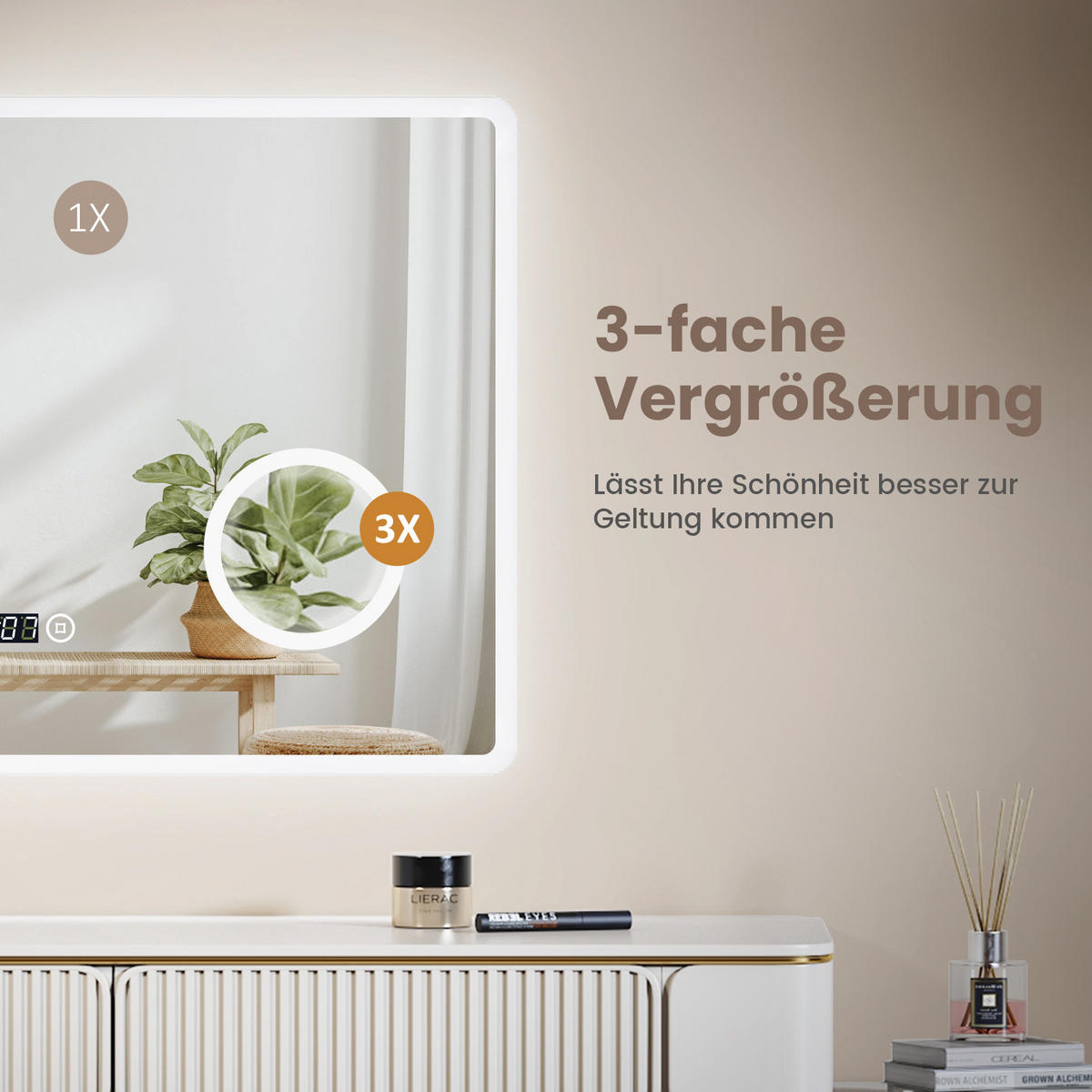 BADSPIEGEL mit Uhranzeige Beleuchtung mit Integriertem Schminkspiegel 100/60 cm - Weiß, Glas (60/3.5/100cm) - EMKE
