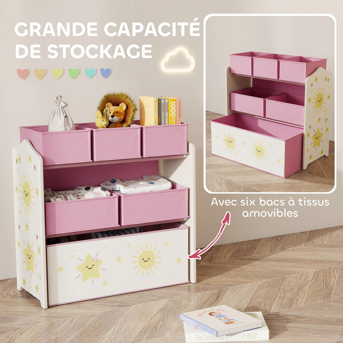 KINDERREGAL DE-17259 3 Ebenen & 6 herausnehmbare Stoffboxen Rosa - Pink, Holzwerkstoff (63/66/30cm) - ComfortXL