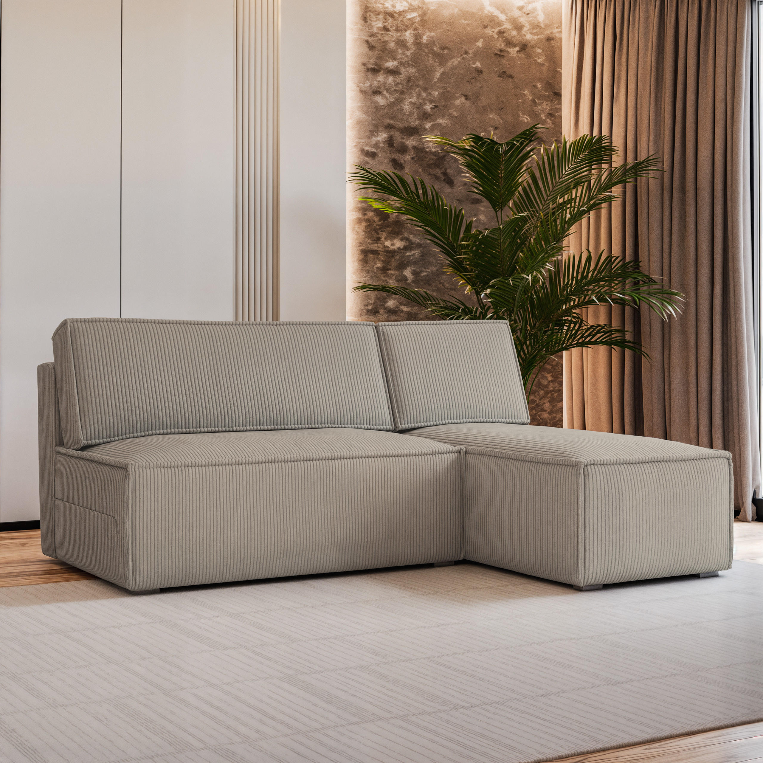 ECKSOFA BRISO P Beige Kordstoff mit Schlaffunktion - Beige, Holz (200/140cm) - MASSENO