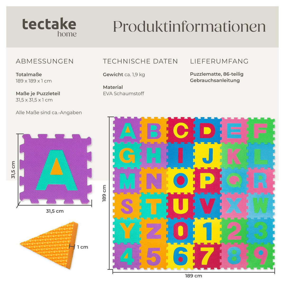 PUZZLEMATTE ,jedes Teil 31,5 x 31,5 x 1 cm,bunt - Multicolor, Kunststoff (31.5/31.5cm) - tectake