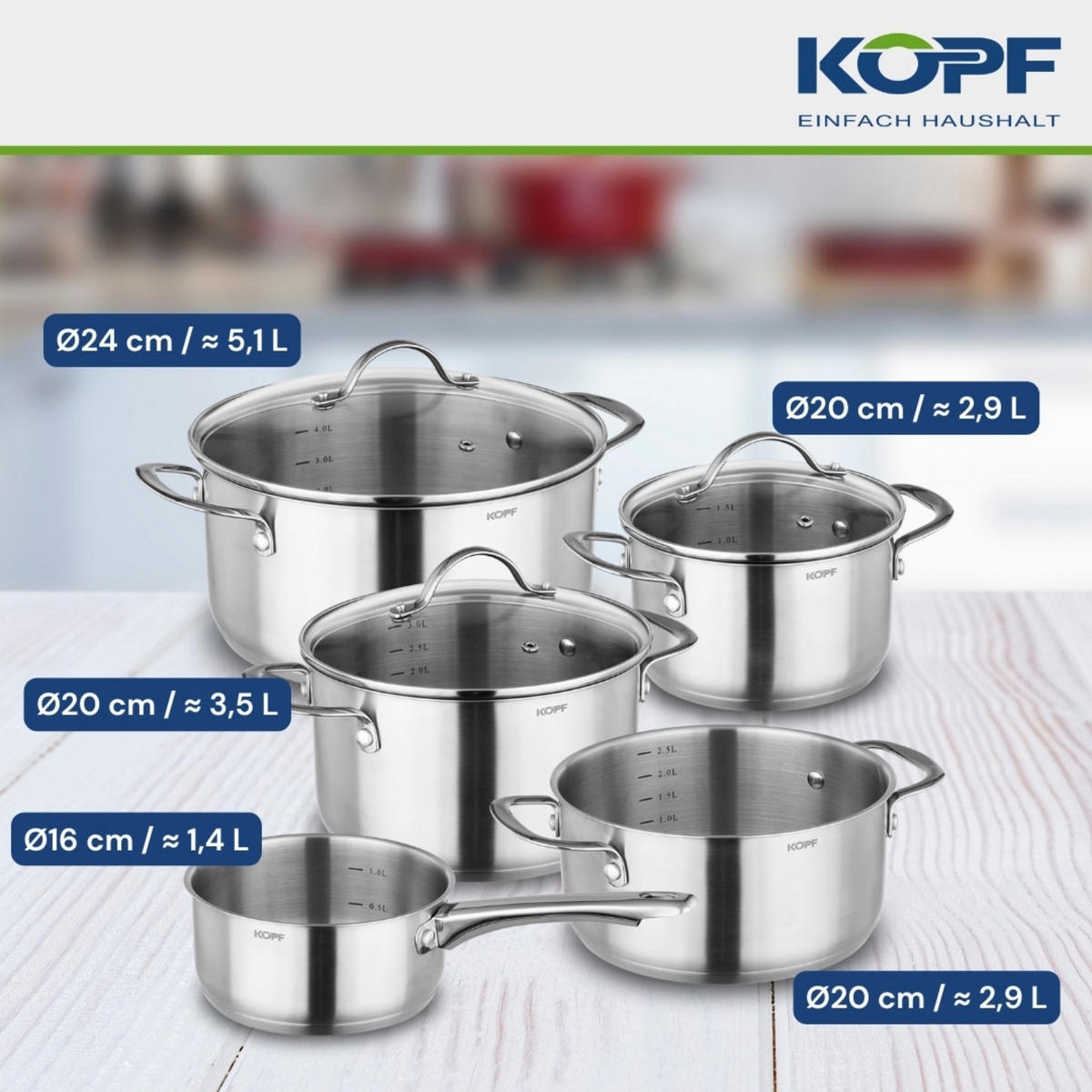 TOPFSET Clara, Edelstahl, Induktion, Literskala, 8-teilig - Edelstahlfarben, Metall - KOPF
