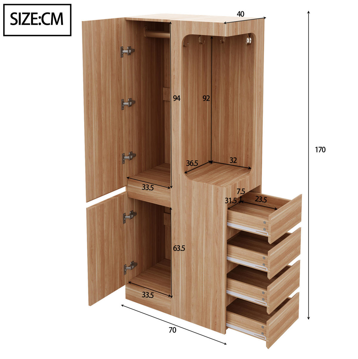 KLEIDERSCHRANK 70/40/170 cm weiß/holzfarben aus Kiefer Sperrholz und MDF mit 4 Schubladen - Nussbaumfarben, Holzwerkstoff (70/170/40cm) - OKWISH