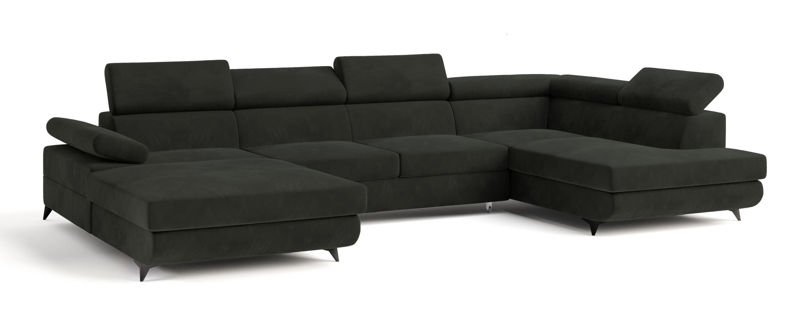 WOHNLANDSCHAFT RUBANO R-S Schwarz Velours-Stoff mit Schlaffunktion - Schwarz, Holz (339/89/190cm) - MASSENO