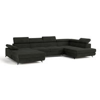 WOHNLANDSCHAFT RUBANO R-S Schwarz Velours-Stoff mit Schlaffunktion - Schwarz, Holz (339/89/190cm) - MASSENO