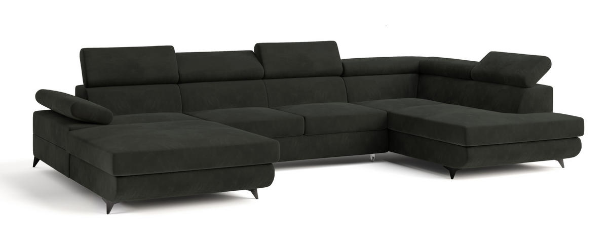 WOHNLANDSCHAFT RUBANO R-S Schwarz Velours-Stoff mit Schlaffunktion - Schwarz, Holz (339/89/190cm) - MASSENO