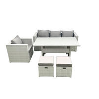 GARTENMÖBEL SET Polyrattan Hellgrau 6-Sitzer - Hellgrau/Grau, Glas/Kunststoff - Fimous